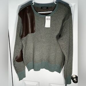 Ralph Lauren Women’s Faux Leather Trim Wool Blend Sweater Green Size Large NWT